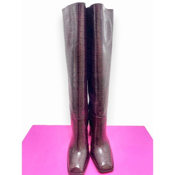 PARIS TEXAS NWT Square-Toe Crocodile-Effect Leather Knee Boots in Burgundy 8.5 - Picture 6 of 15